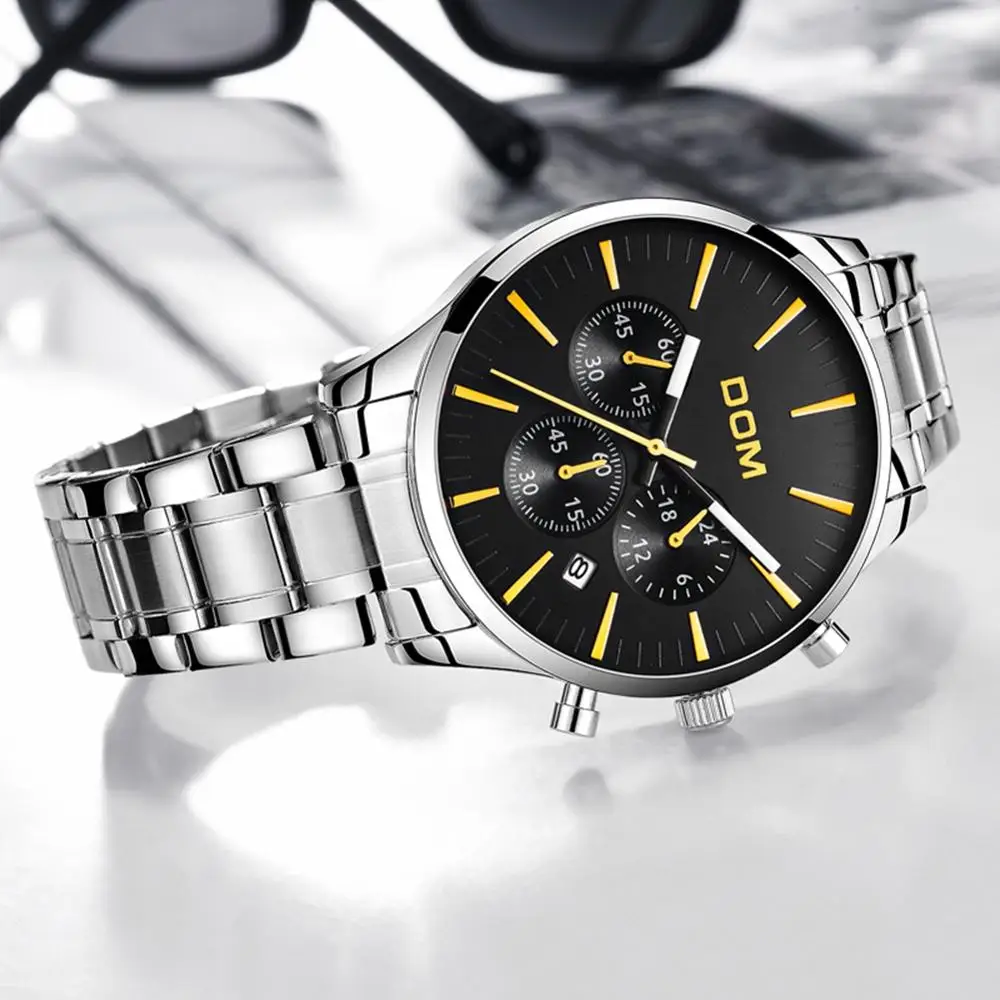 Reloj Dom спортивные мужские часы кварцевые с тремя глазами серебряные бизнес Топ