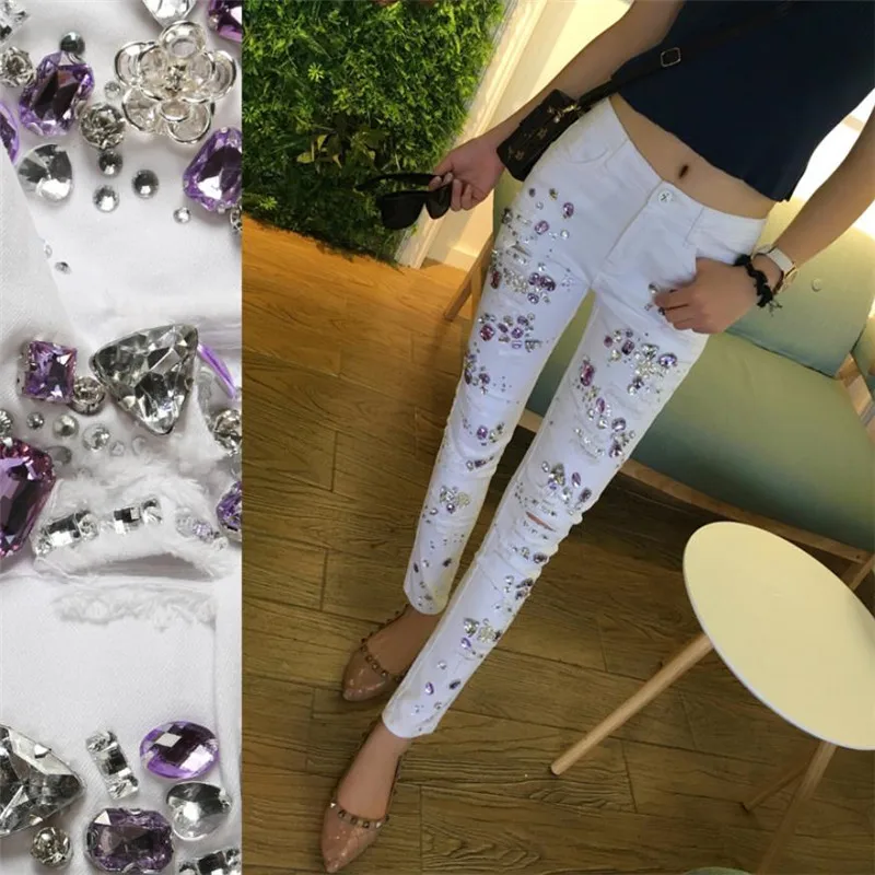 

plus size yellow Diamond Floral Embroidered Jeans Stretch Pencil Denim Pants Slim Skinny Vintage Big Flower Beading White Jeans