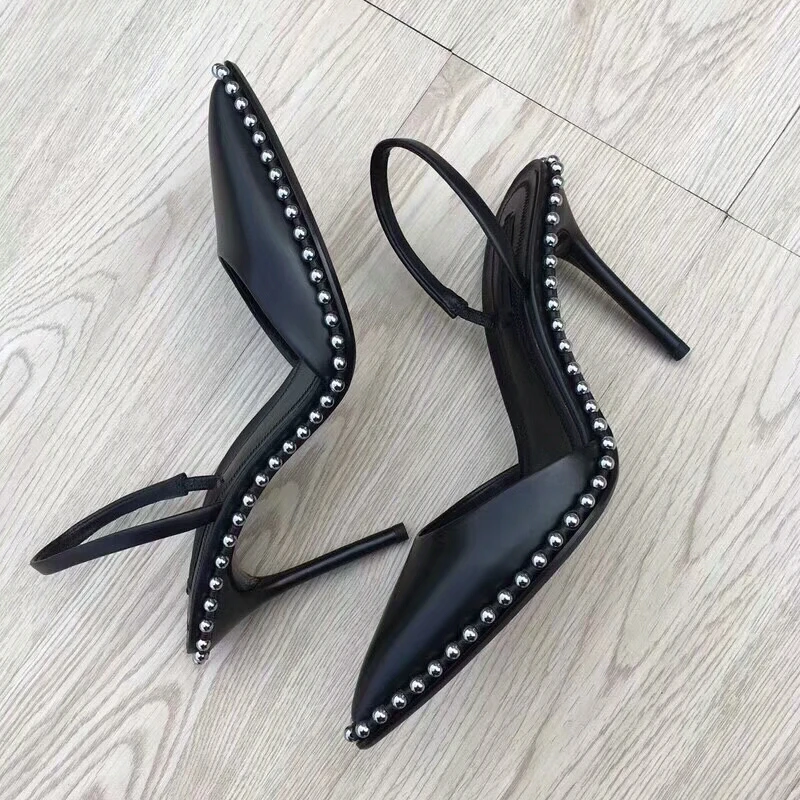 

Fashion black balls beading high heel slingback Womens high heels Elegant Black Leather Slingback Sexy 9CM Stiletto shoes