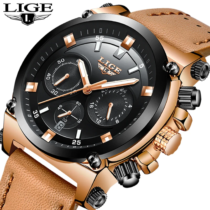 LIGE Fashion Mens Watches Top Brand Luxury Casual Sport Quartz Watch Men Leather Waterproof Military Wristwatch Relogio Masculio | Наручные