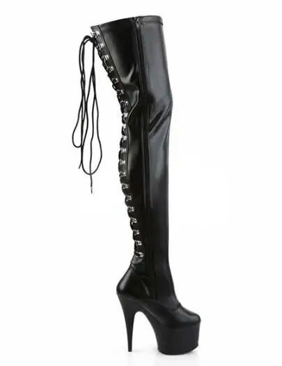 black matte leather KALMALL/черные, белые, красные пикантные туфли из лакированной кожи на каблуке; обувь для стриптиза на шесте; высокие сапоги до бедра на платформе с застежкой-молнией и ремешками - Цвет: black matte leather