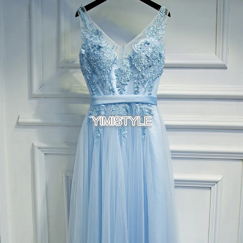 Элегантное светло синее кружевное торжественное женское вечернее платье длиной
