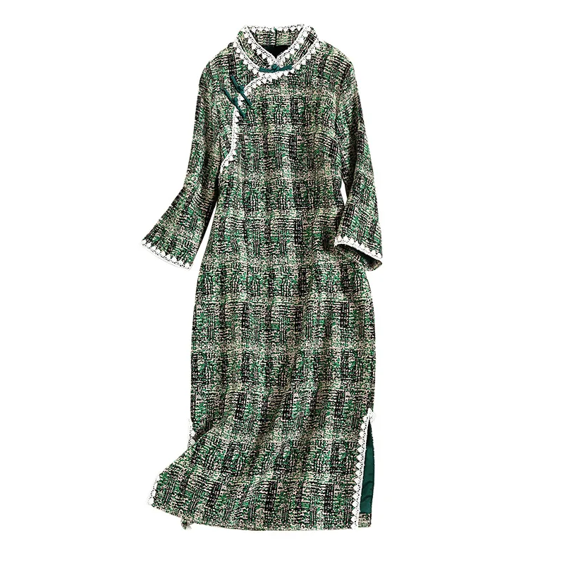 Женское винтажное платье в китайском стиле зеленое повседневное ретро