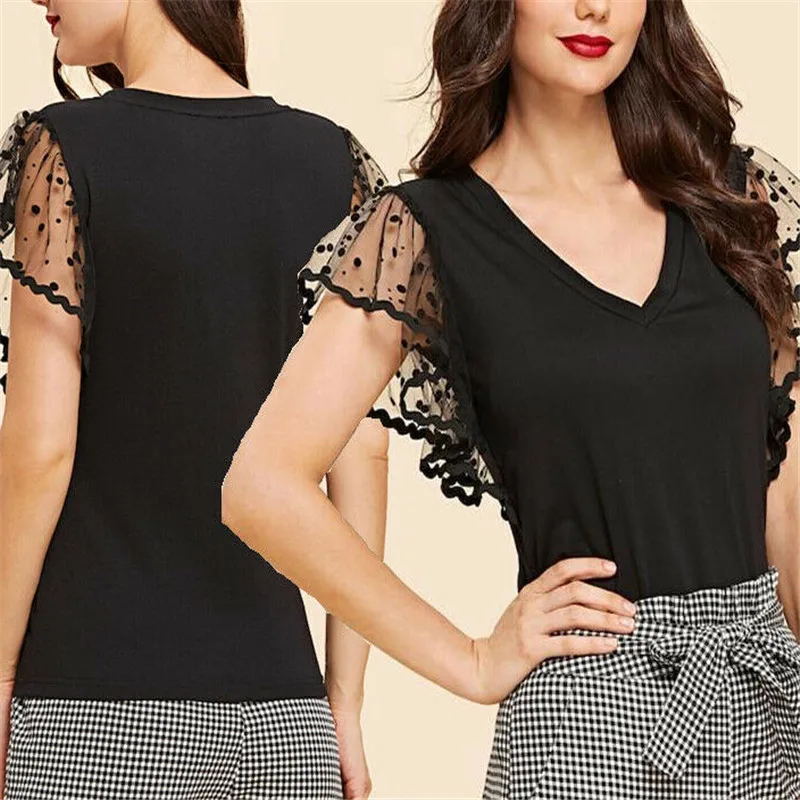 Женская Кружевная футболка в горошек летняя Сетчатая с коротким рукавом и