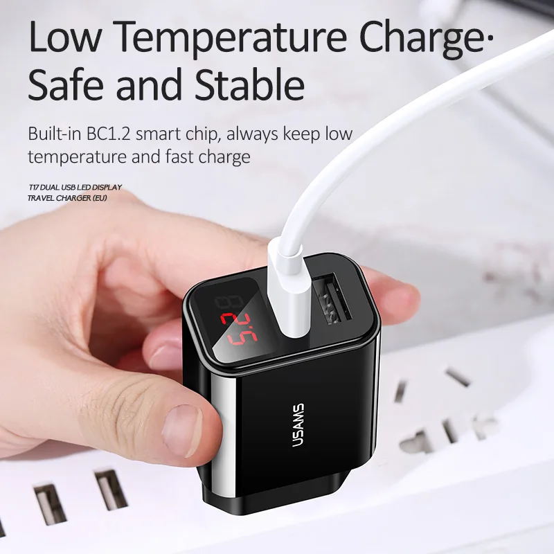 USAMS 2 USB EU LED дисплей зарядное устройство для iPhone Samsung Xiaomi 2.1A Быстрая зарядка