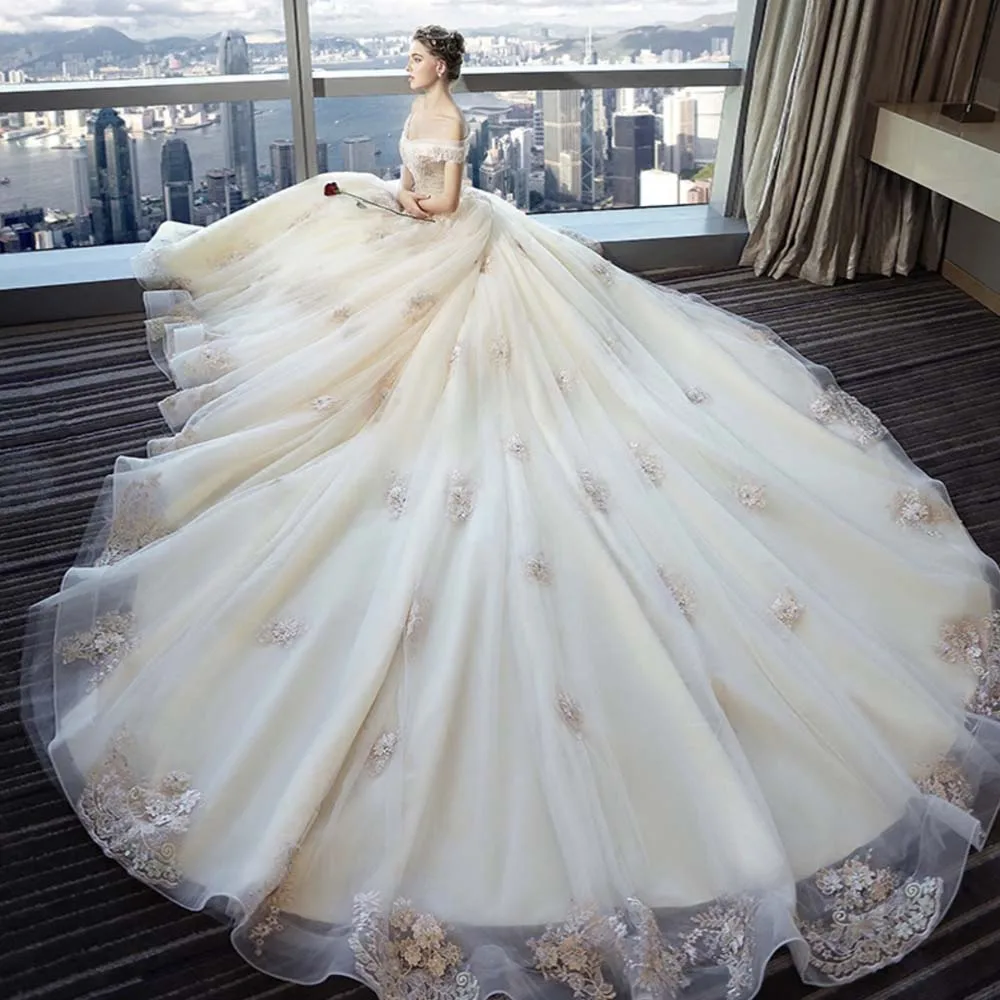 Fansmile Тюль Mariage Vestido De Noiva Кружева Свадебные платья длинный шлейф размера плюс свадебные платья свадебное платье FSM-462T