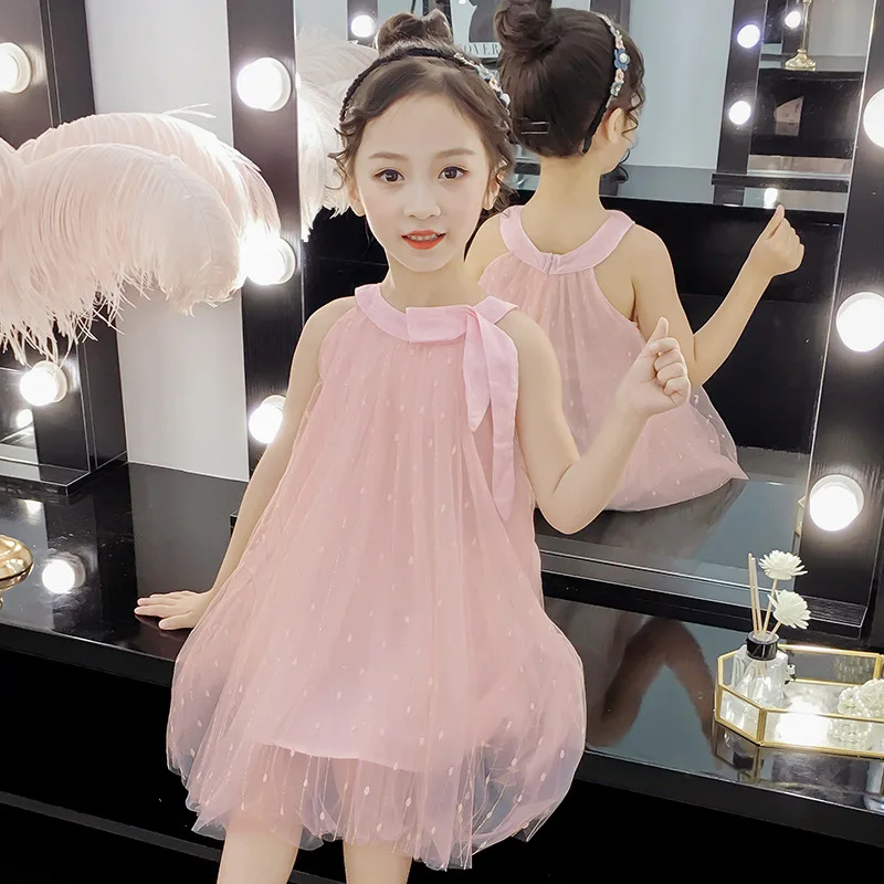 Летнее платье для маленьких девочек Детские платья на бретельках жилет с бантом