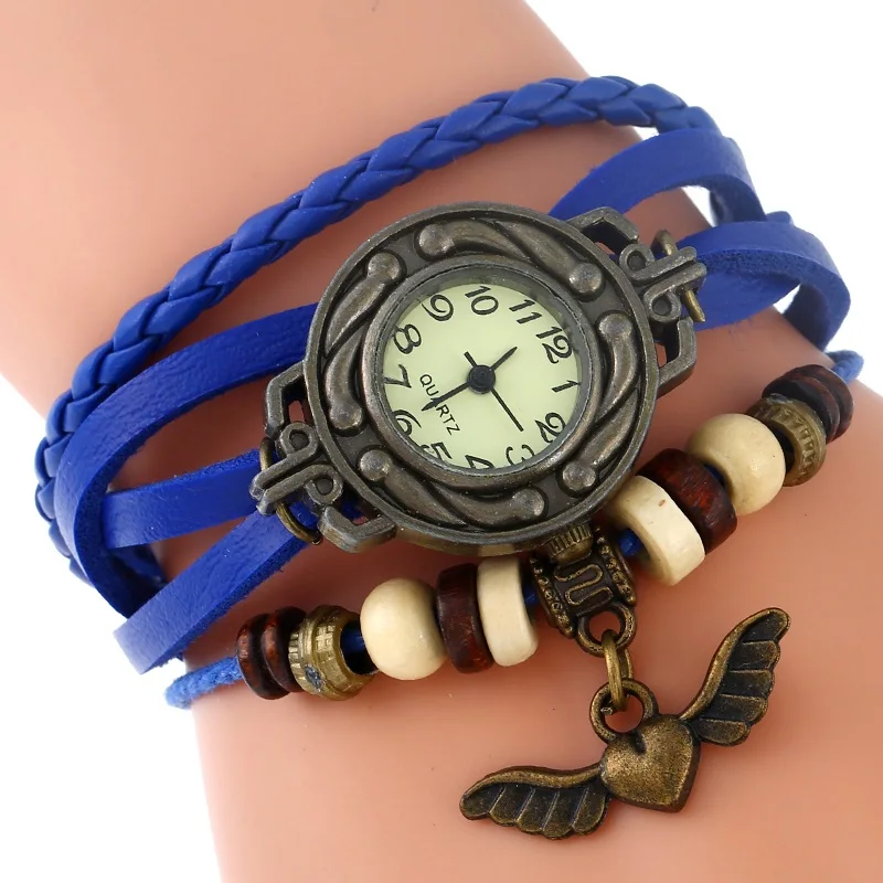 Женские кварцевые часы с кожаным ремешком крыльями и сердцем|montre fashion|montre amontre women