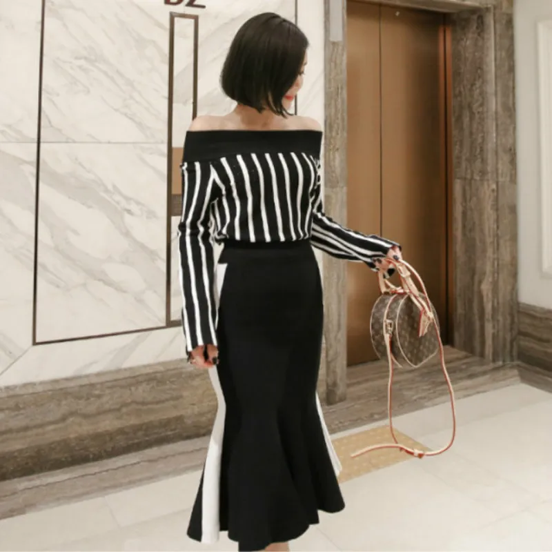 Комплект из 2 предметов 2018 осенний женский черный длинный рукав вырез лодочкой