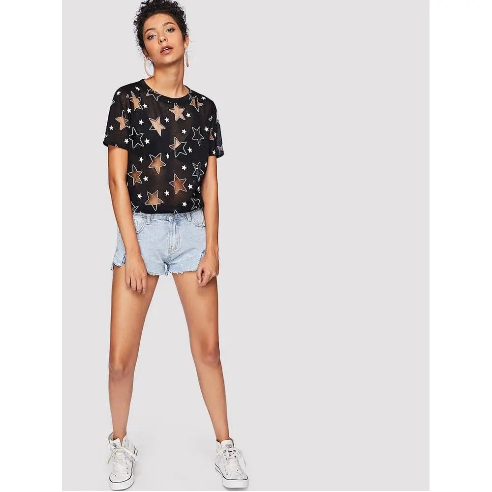 SanHuaZ 2019 Summer Women's T-shirts Tops Casual Beach O-neck Short Sleeve Star Gauze Slim Women | Женская одежда