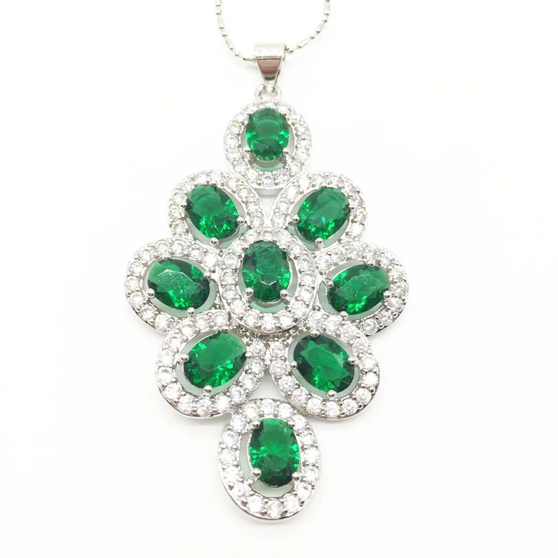 Cubic Zirconia Indian Silver 925 Jewelry Sets For Women Green Big CZ Created pendant Necklace And Earring Ladies | Украшения и