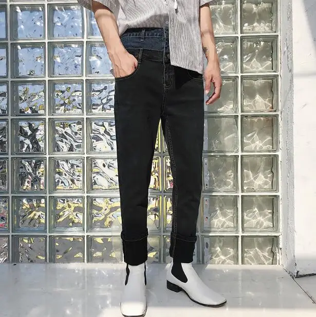 

2018 Original design personality fake two jeans trend black blue patchwork denim pants