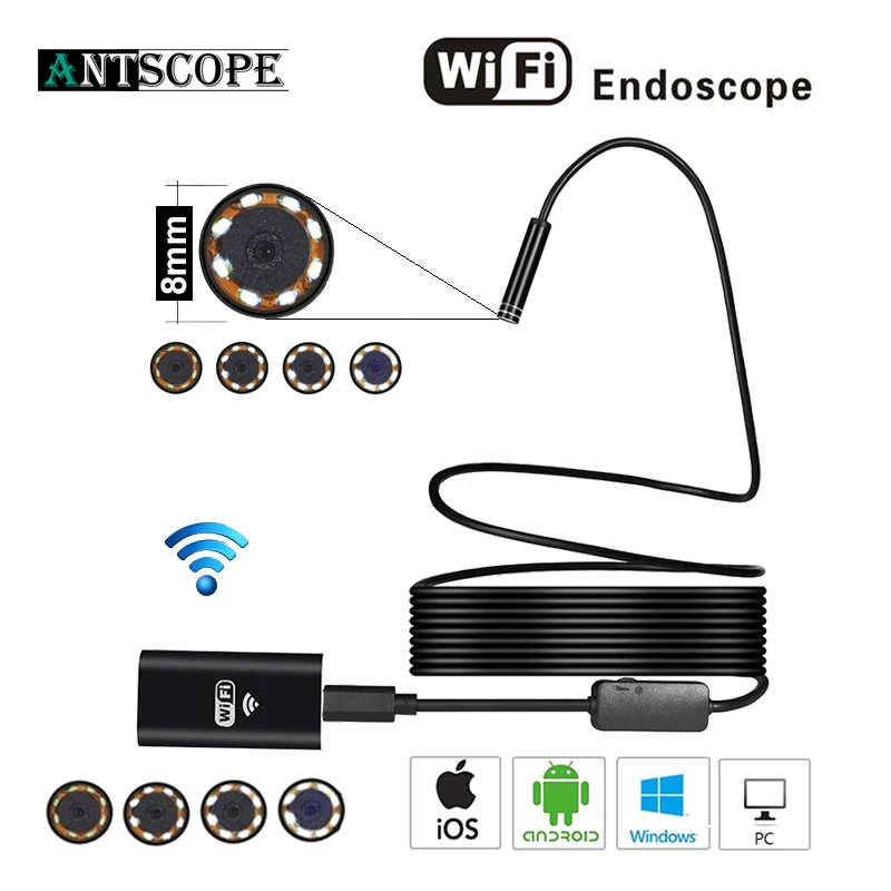 Antscope HD720P 8 мм 2MP 1 м 8LED Жесткий гибкий Змеиный USB wifi Android IOS эндоскоп камера Iphone Borecope