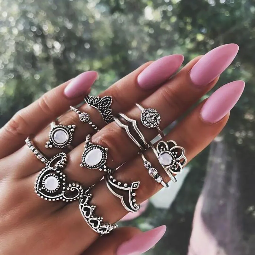 DAXI 10Pcs/Set Vintage Ring Set Sculpture Elephant Leaf Feather Crystal Gems Silver Color Joint Female Charm Jewelry Gift | Украшения и