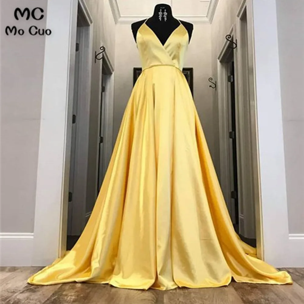 

Simple Straps Evening Dresses Long Prom Gown Pockets V-Neck Pleat Satin Formal Evening Party Dress for Women Custom Made