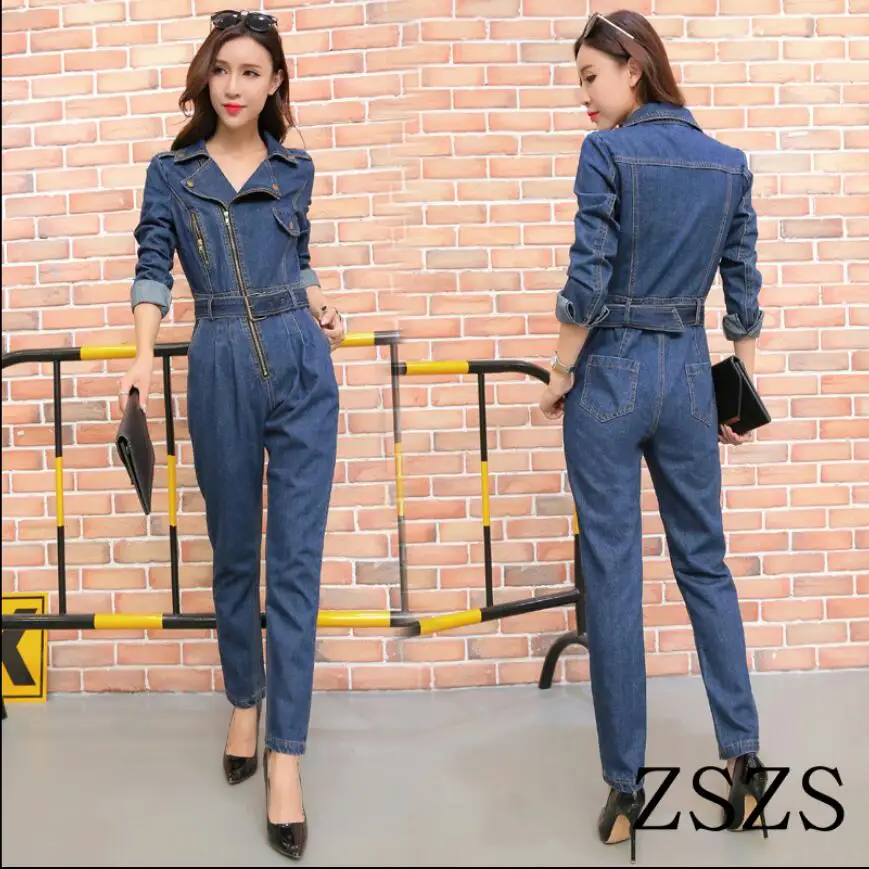 2021 Spring Korean Version Of The New Women Suit Collar Diagonal Zipper Was Thin Denim Jumpsuit Female Tooling Harem Trousers