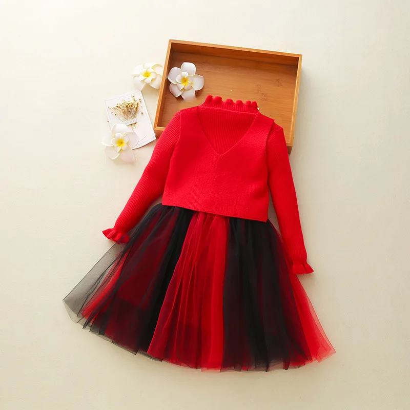 Christmas Autumn Knit Sweater Girls Dresses Casual Long-sleeved Wedding Chiffon Tutu Dress Cute Princess Party Tulle | Детская одежда и