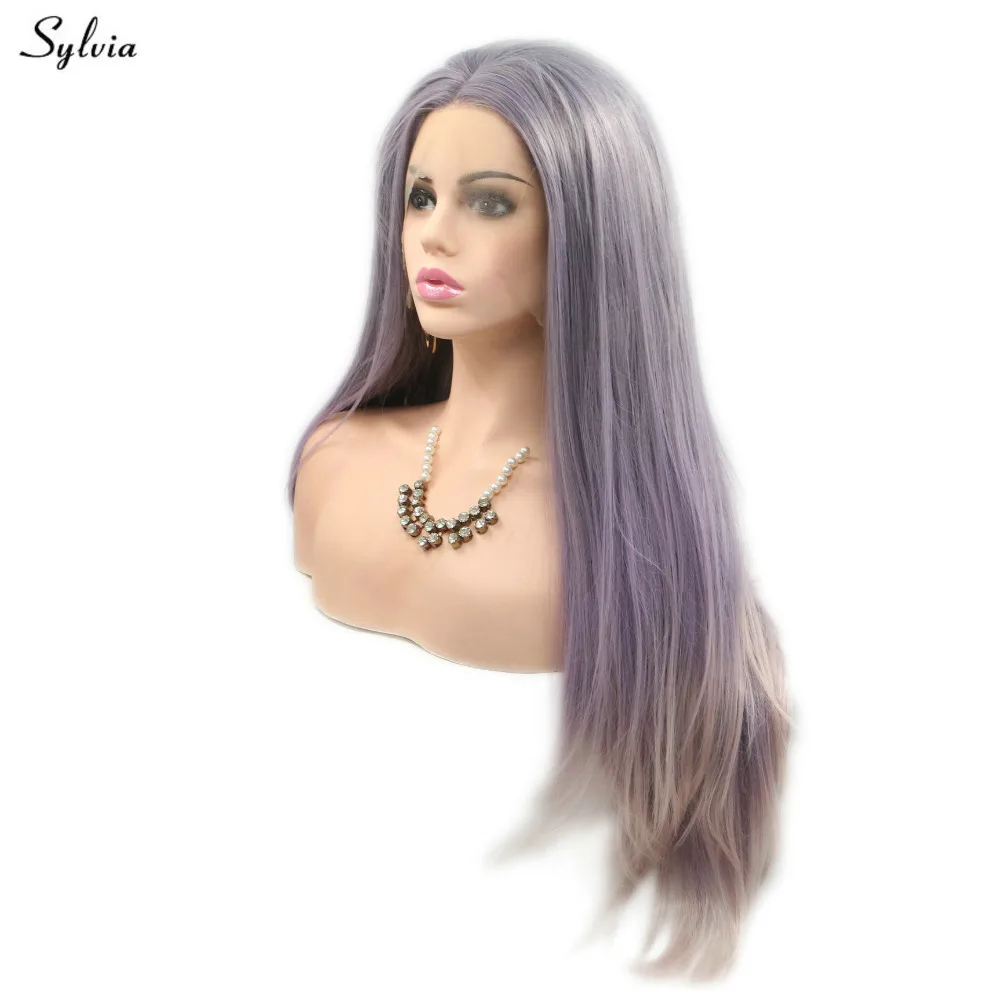 Sylvia Straight Lace Front Wig Synthetic Glueless Pastel Purple Ombre Blonde Natural Hairline Party For Girls Women | Шиньоны и парики