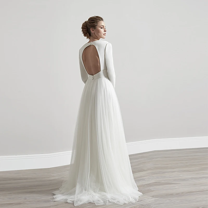 Verngo Simple A-line Wedding Dress Open Back Gowns Vintage Long Sleeve Bride свадебное платье 2021 | Свадьбы и