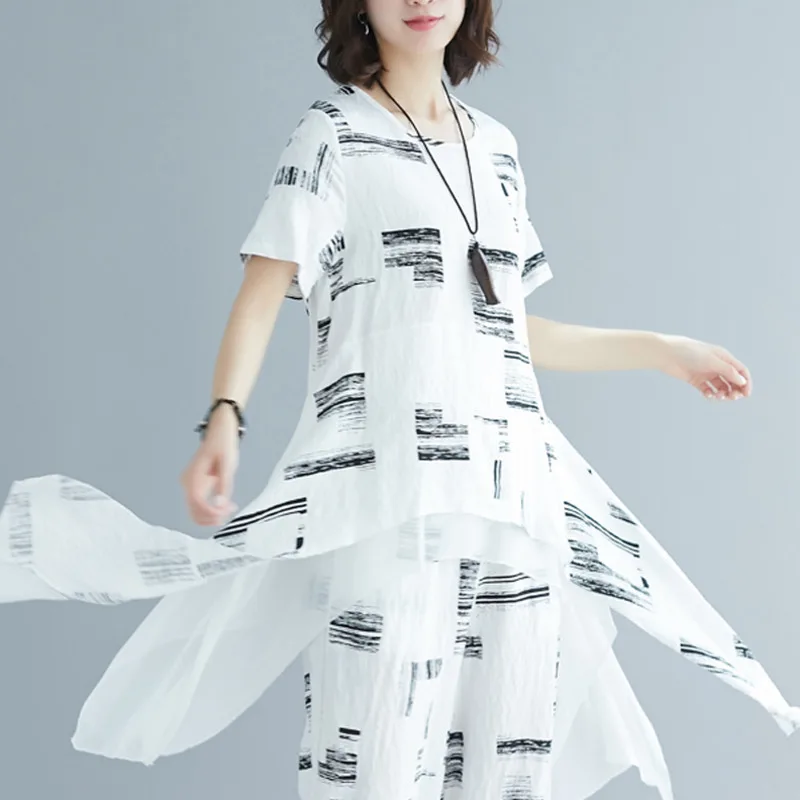 #0820 Black White Long Tees And Harem Pants Cotton Linen Printed Suits Ladies Casual Two Piece Set Trousers Top Asymmetrical |