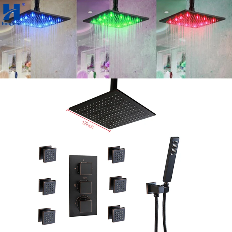 

Hongdec Luxury Oil Rubbed LED 12 inch Thermostatic Rainfall Shower System with body jets set
