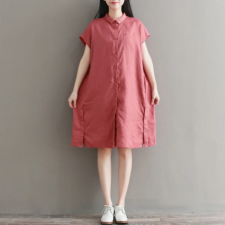 Women Fashion Retro Dresses Loose Short Sleeve Cotton And Linen Summer Shirt Dress Vintage Knee-Length Vestidos De Fiesta | Женская
