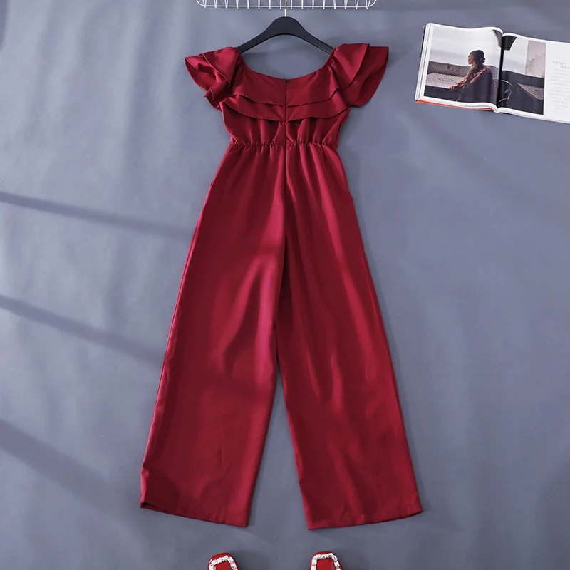 ALPHALMODA, летние комбинезоны с оборками, одноцветные, с вырезом лодочкой, с высокой талией, широкие, женские комбинезоны, модные комбинезоны