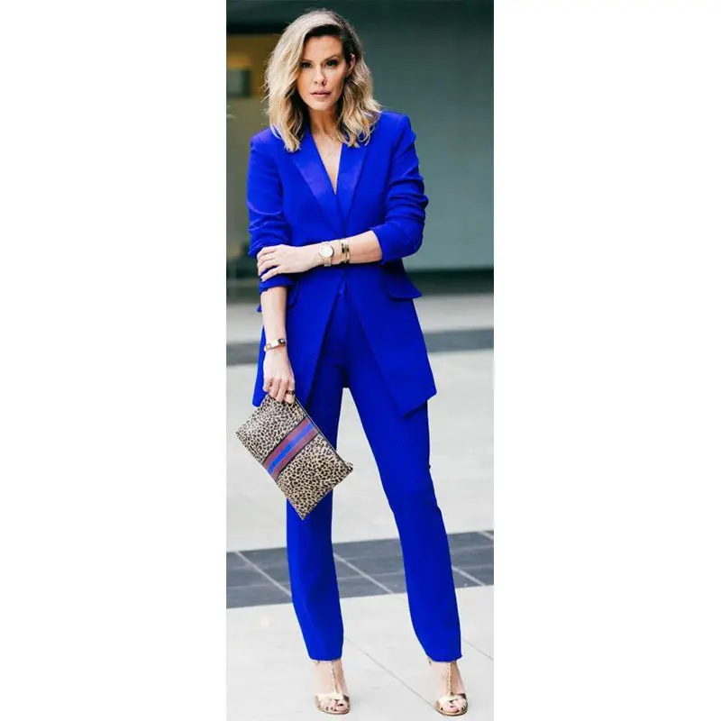 

New Royal blue 2 piece set women business suits slim fit ladies office uniform elegant pant suits female trouser suits