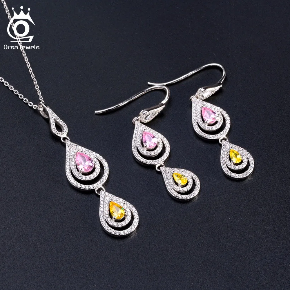 ORSA JEWELS ожерелье и серьги из натурального 925 пробы серебра, наборы для женщин, двойная форма капли воды, AAA CZ романтическое ювелирное изделие SS11