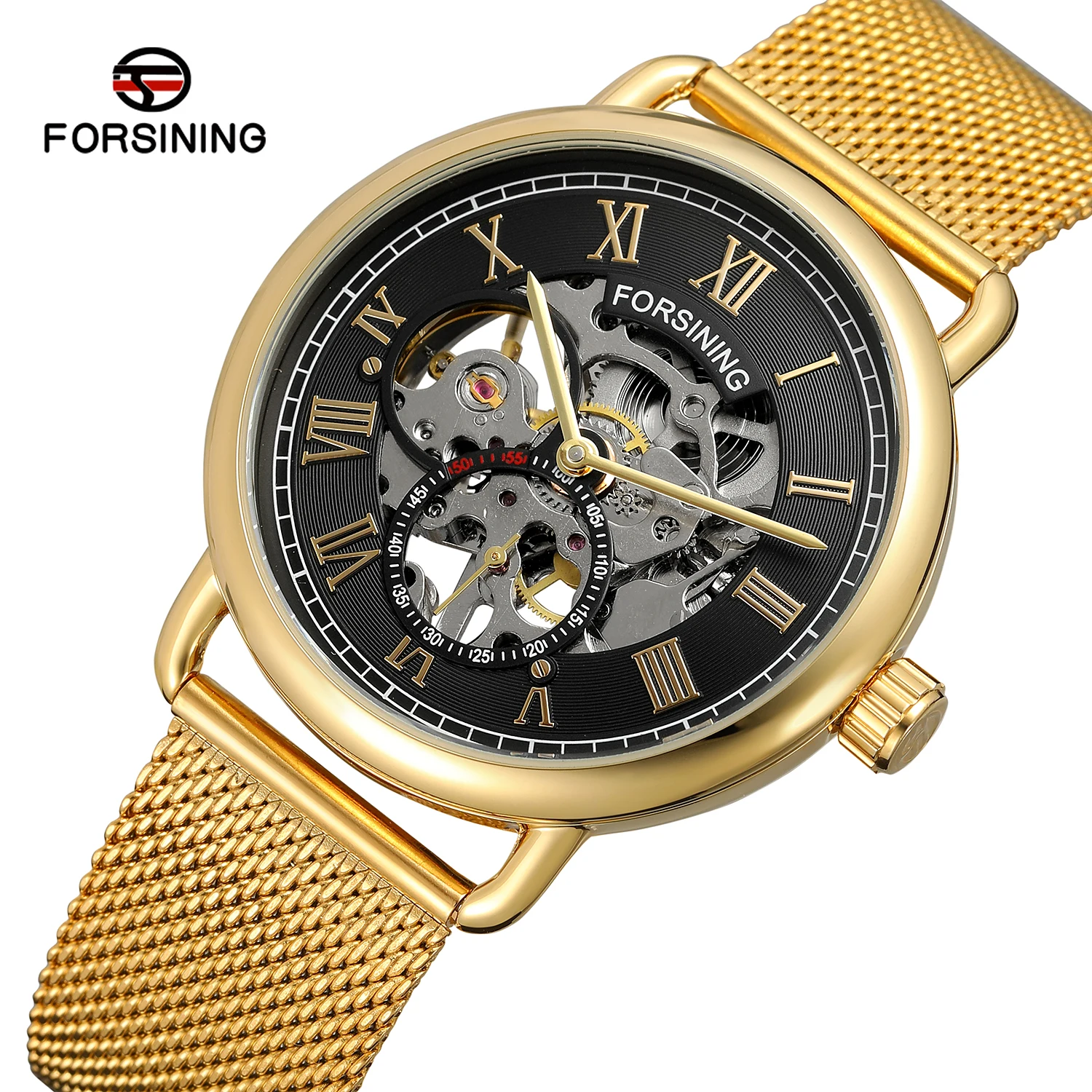 

Forsining Top Brand Classic Black Silver Golden Skeleton Clock Mesh Band Design Men's Mechanical Watches Luxury Montre Homme