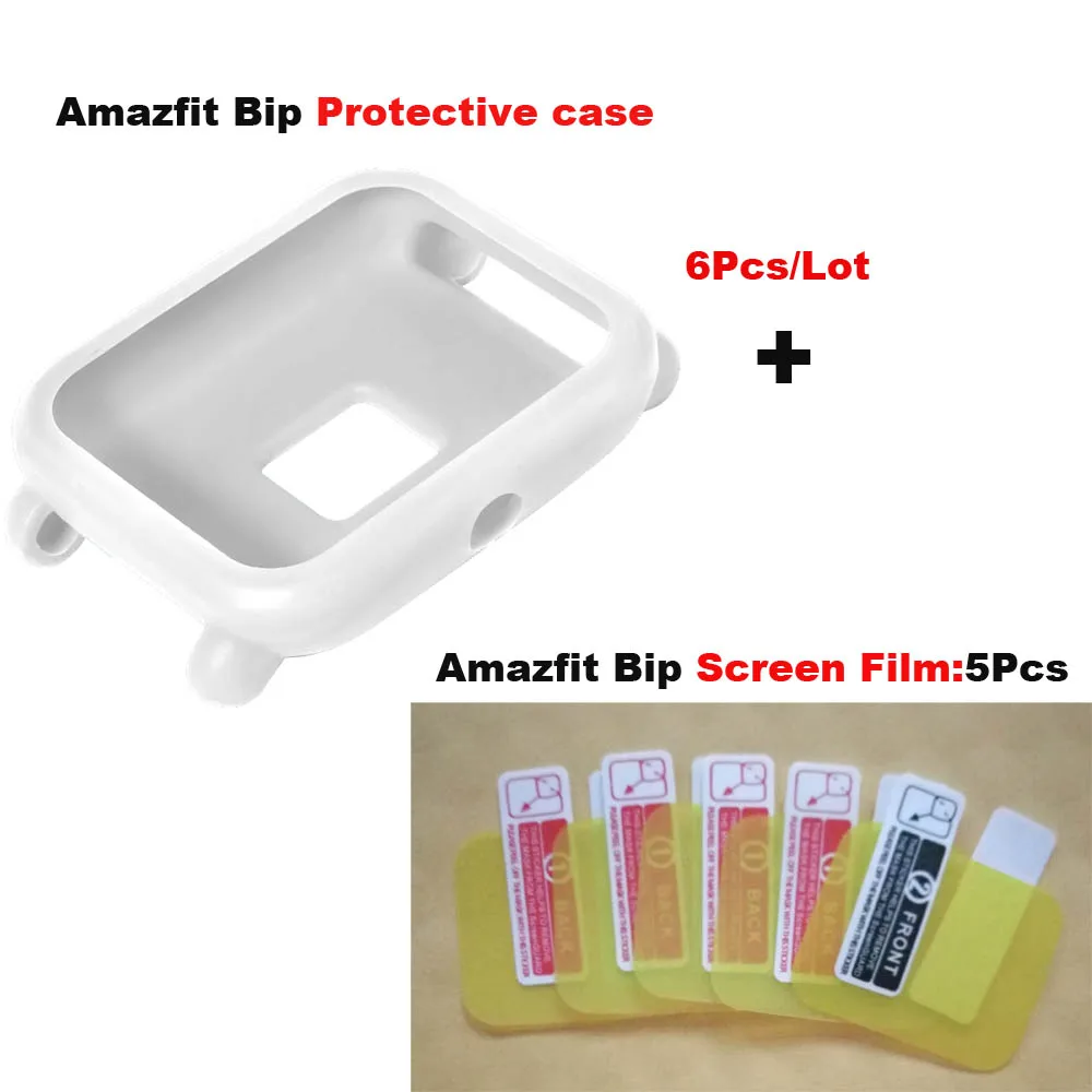 White Case-5Pcs Film 6 шт. для Xiaomi Huami Amazfit Bip Bit Lite Смарт-часы защитный чехол протектор экрана Pantalla пленка Черный Защитный чехол s - Цвет: White Case-5Pcs Film