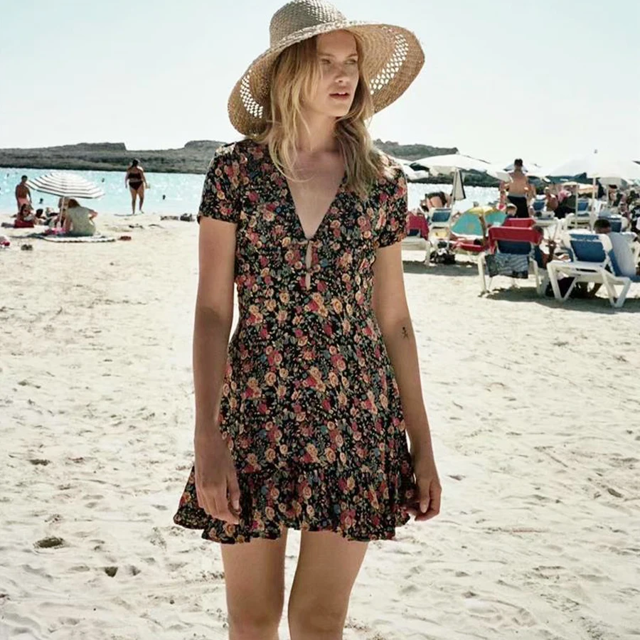 TEELYNN мини бохо платье 2018 Новое вискозное цветочный принт сексуальное v-образным