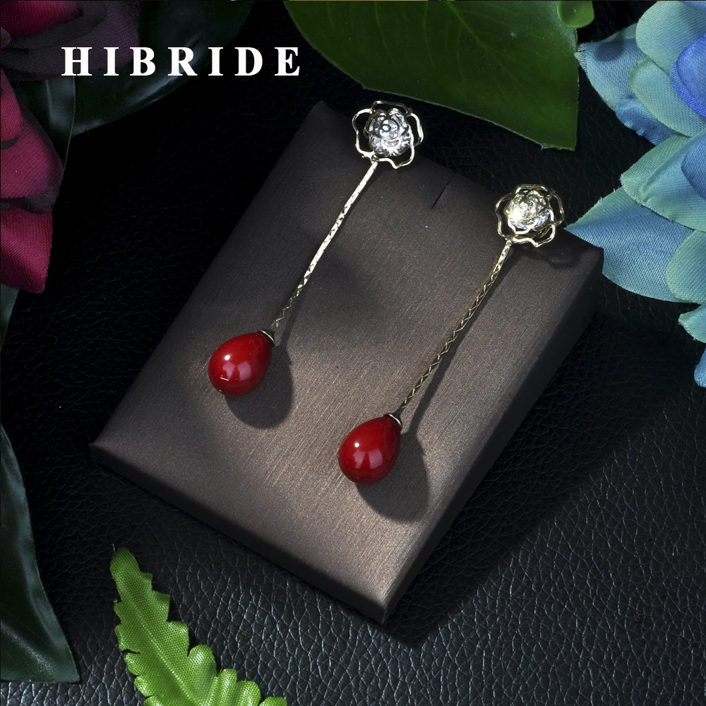 Модные ювелирные изделия HIBRIDE серьги золотого цвета длинные цепочки с красным