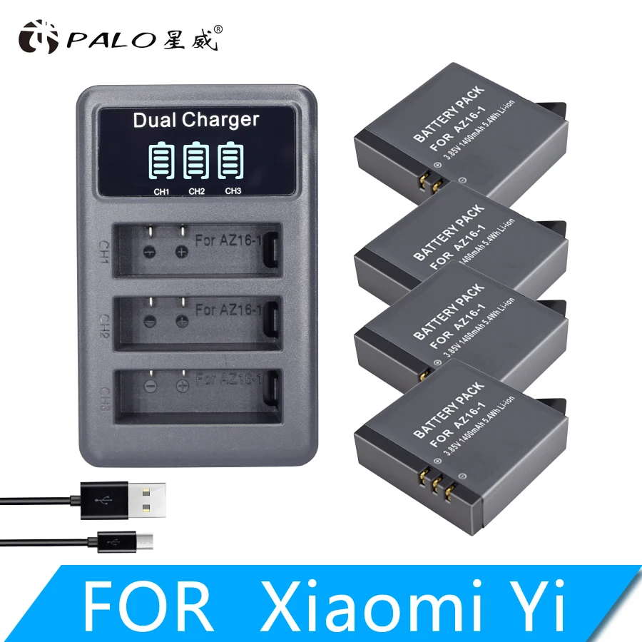 

4Pcs 1400mAh 3.85V Battery AZ16-1 + LED USB 3slots Charger for Xiaomi Yi 2 4K Battery Original Xiao Mi Yi Lite Action Cameras