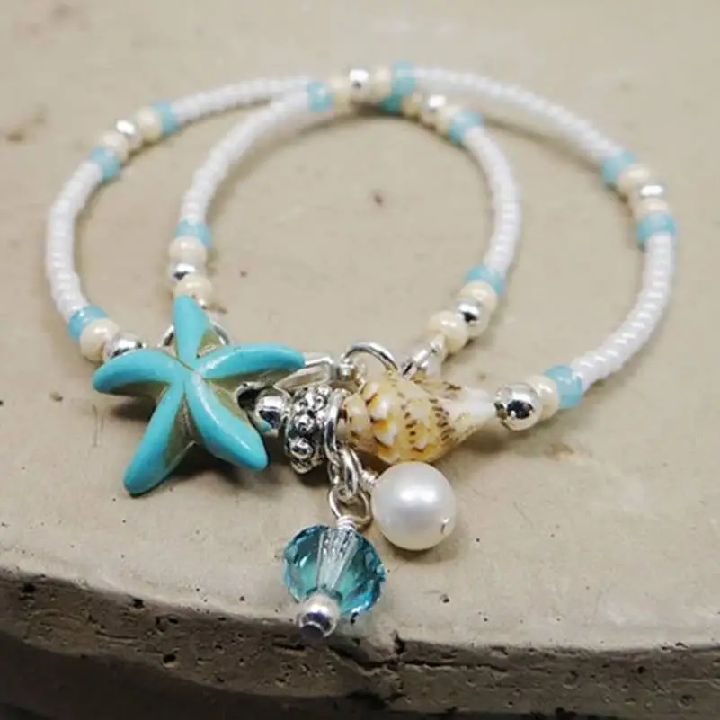 Boho для женщин ножной браслет пляж черепаха кулон в виде морской звезды с жемчугом