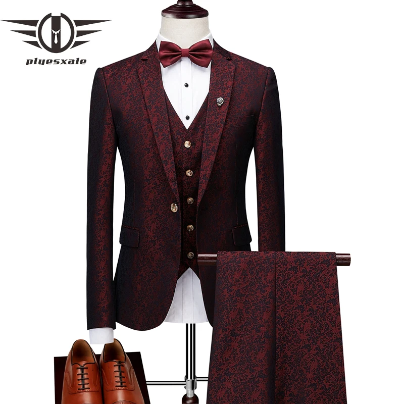 

Plyesxale Men 3 Pieces Suit Floral Terno Masculino Slim Fit Mens Suits Designers 2018 Blue Burgundy Wedding Suit Prom Wear Q172