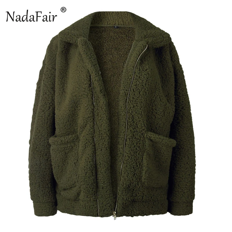 Nadafair, женское плюшевое пальто из искусственного меха, овечья шерсть, карман, Осеннее пушистое меховое пальто размера плюс, зимняя женская плюшевая куртка с отложным воротником