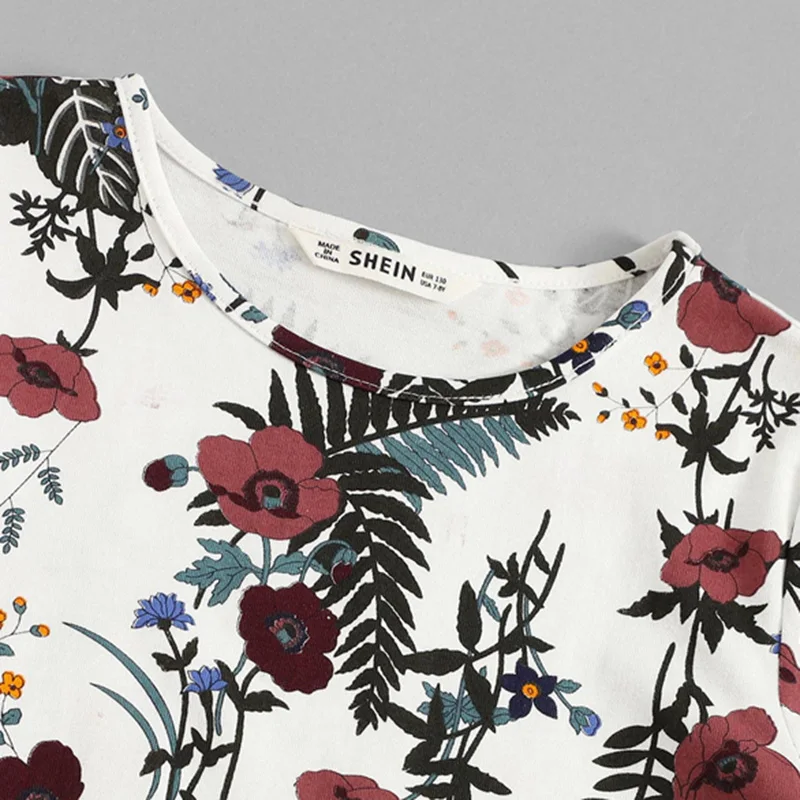 SHEIN/детский топ с растительным принтом и шорты на завязках; Комплект для девочек; Одежда для девочек-подростков; коллекция года; летний Повседневный Детский костюм с короткими рукавами