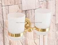 high quality bathroom gold color brass toothbrush holder two glass cups wall mounted bathroom accessories nba598