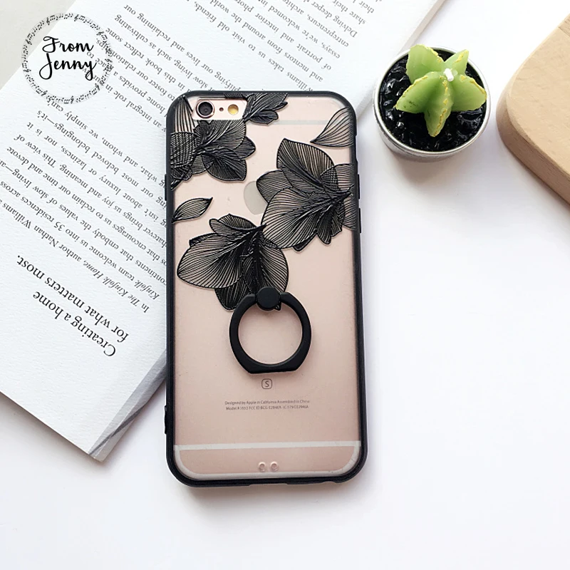 From Jenny Ring Grip Lace Flower Pattern Case For iPhone 6 6s Plus 7 hard Back Cover Cases half rose capa fundas |