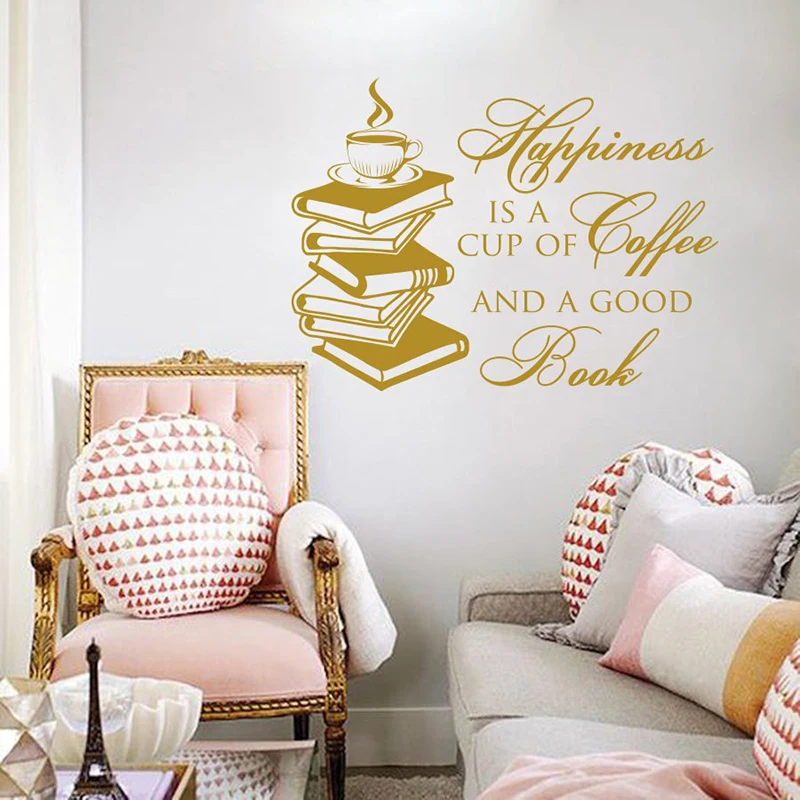Наклейка на стену цитата счастье чашка кофе и хорошая книга для чтения виниловая