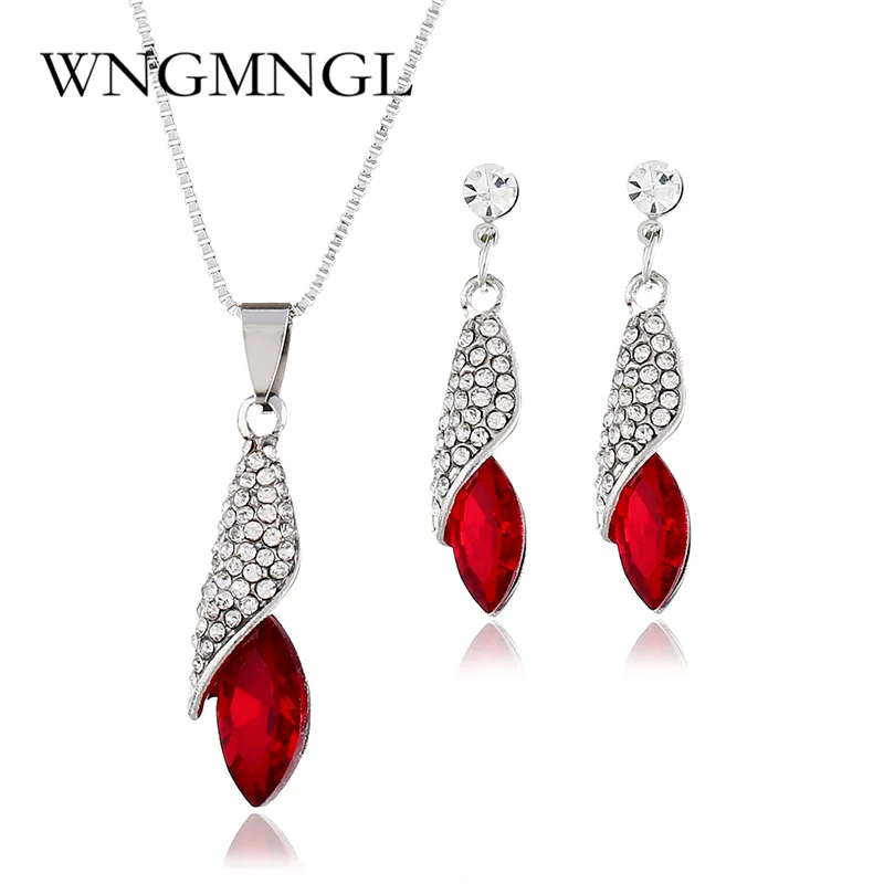 

WNGMNGL New Red Blue White Water Drop Jewelry Sets Alloy Crystal Necklace & Earrings Wedding Jewelry For Women Bride Party Sets