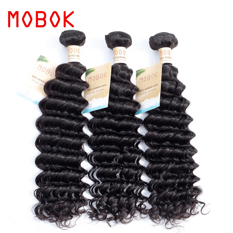 MOBOK Brazilian Deep Wave Bundles With Frontal Ear To Lace Natural Color 100% Human Hair Extension Non Remy Free Shipping | Шиньоны и