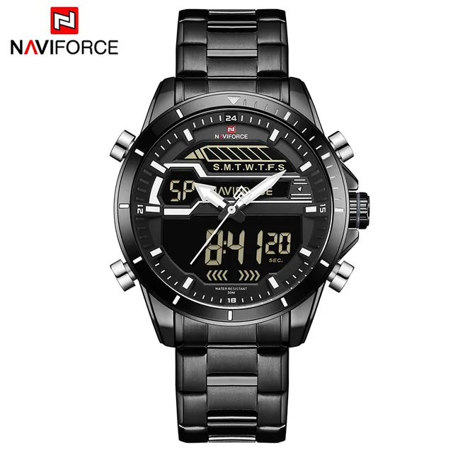 Black White NAVIFORCE люксовый бренд мужские спортивные часы полностью стальной кварцевый светодиодный двойной дисплей мужские часы армейские военные водонепроницаемые наручные часы - Цвет: Black White