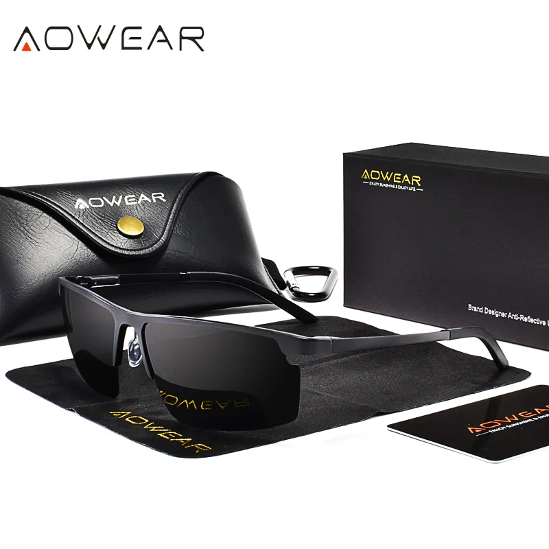 AOWEAR Мужские поляризационные солнцезащитные очки Мужские Оригинальные алюминиевые зеркальные безободковые солнцезащитные очки мужские спортивные уличные очки для вождения Gafas