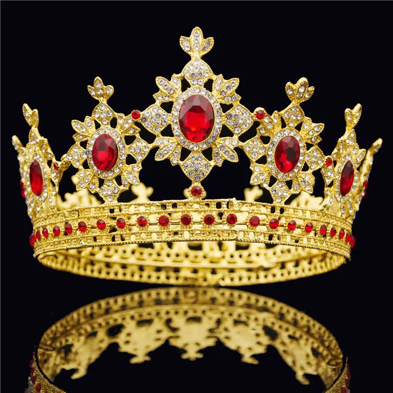 Gold Red Великолепный Винтаж барокко золото queen King тиара Корона для невесты свадебные украшения для волос металл синий кристалл круглый диадема украшения - Окраска металла: Gold Red
