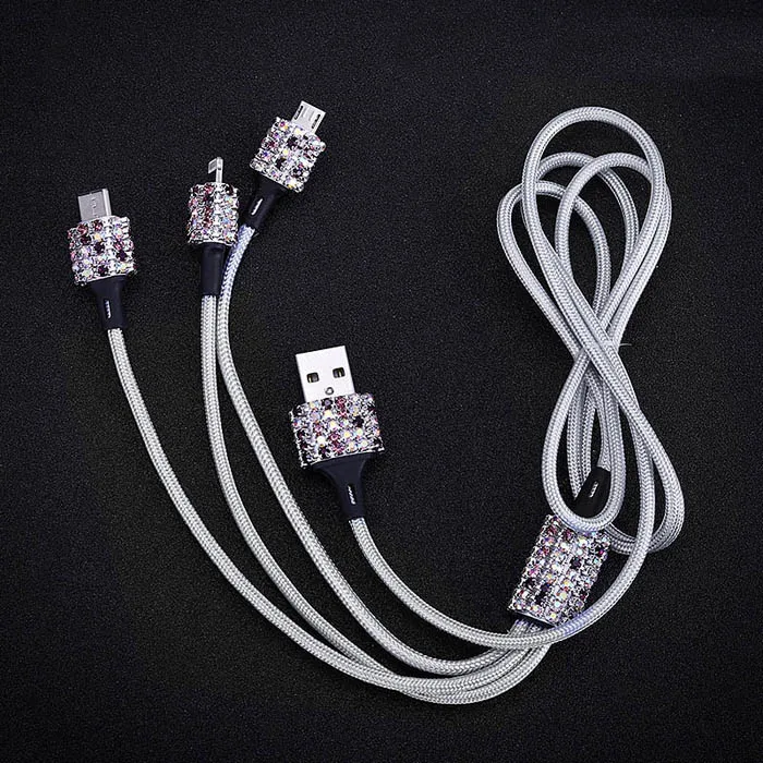 3 в 1 USB кабель для iPhone с украшением виде кристаллов автомобиль Быстрый зарядный передачи данных Android Micro Type C c