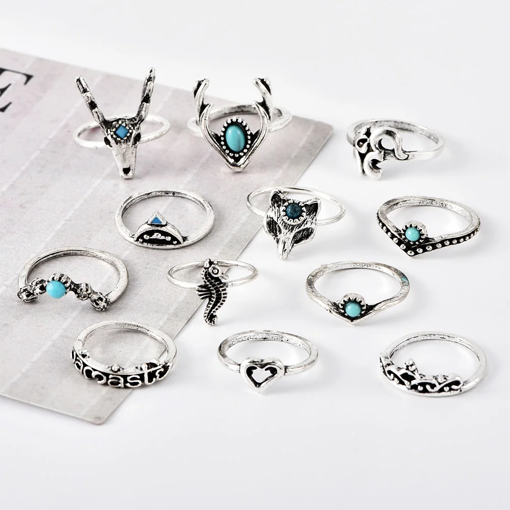 12 Pcs/Set Creative Silver Color Om Hollow Heart Letter Crown Deer Crystal Geometry Rings Halloween Jewelry Women Ring Set | Украшения и