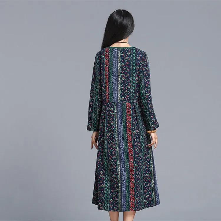 Женское свободное винтажное платье миди с цветочным принтом и длинным рукавом