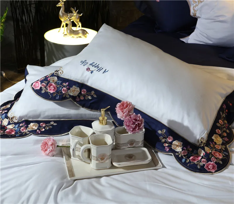 High-end Luxury Pastoral Flowers Embroidery 100S/800TC Blue 4/7pcs Egyptian cotton Bedding Set Duvet Cover Bed sheet Pillowcase | Дом и сад